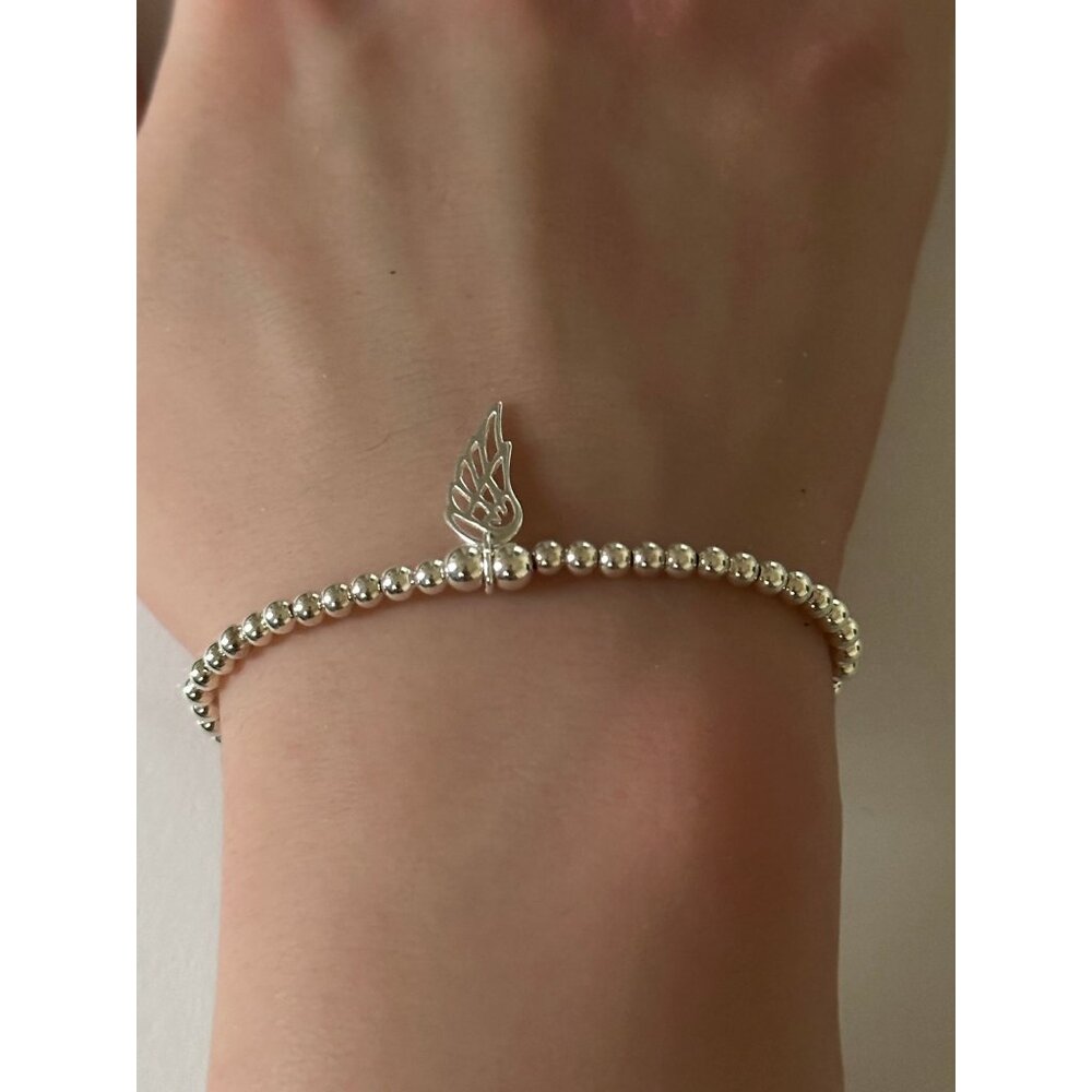 925 Sterling Silver Beaded Stretch Stacking Bracelet Wing Charm Minimalist S7" - Picture 3 of 6